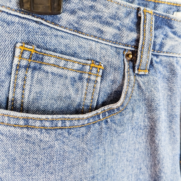 S/M Oak + Fort Mini Denim Skirt Raw Hem Statement Pockets Light Wash Cotton Jean - Picture 6 of 7